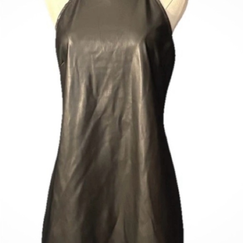 Lola & Grace Goth Black Faux Leather Halter Dress Mock Neck A-line Pockets M